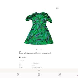 Zara tr collection green paisley mini dress size small